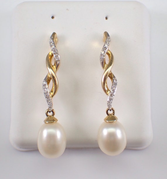 Pearl and Diamond Dangle Earrings - Yellow Gold Fine Jewelry Wedding Gift - June Birthstone Gemstone