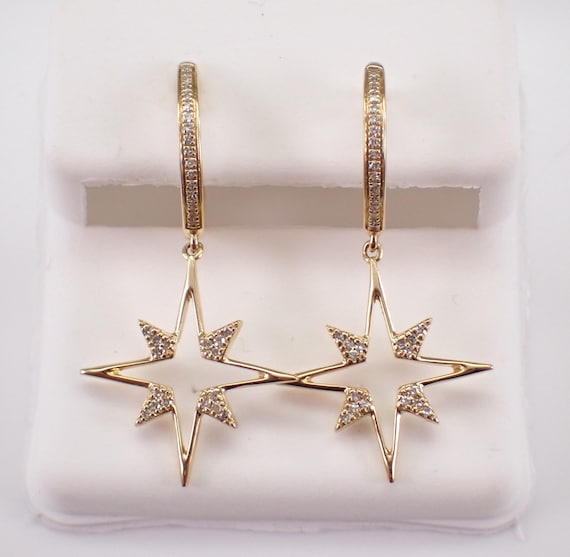 14K Yellow Gold Diamond Star Earrings - Unique Dangle Chandelier Design - Celestial Fine Jewelry Gift