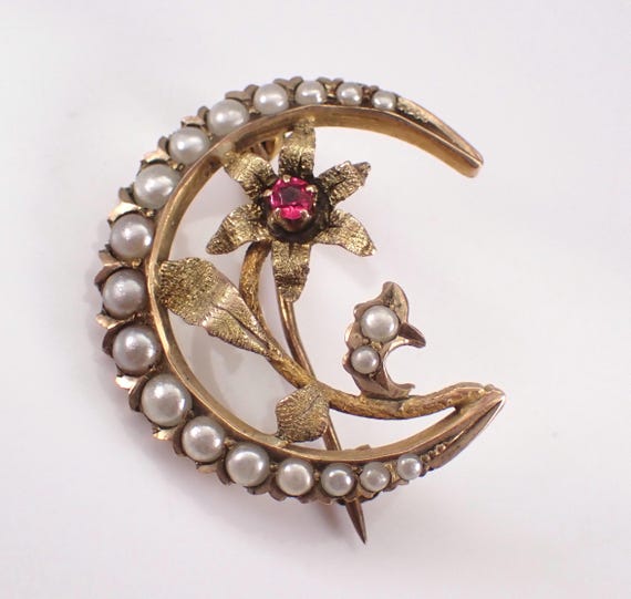 Antique Crescent Moon and Flower Brooch - 14K Yellow Gold Seed Pearl and Ruby Pin - 70s Vintage Fine Jewelry Gift