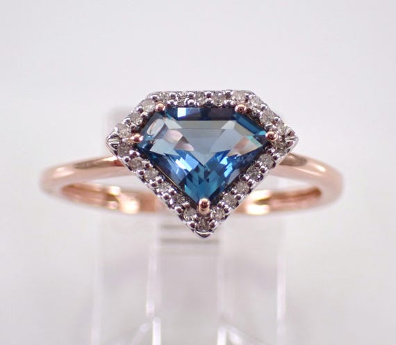 Blue Topaz and Diamond Engagement Ring - Rose Gold Bridal Fine Jewelry Gift - Kite Shape Gemstone Halo Band