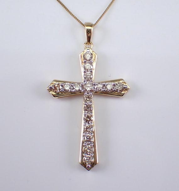 Unisex Diamond CROSS Pendant - Yellow Gold Religious Necklace - Crucifix Charm Gift on Thin 18 inch Box Chain