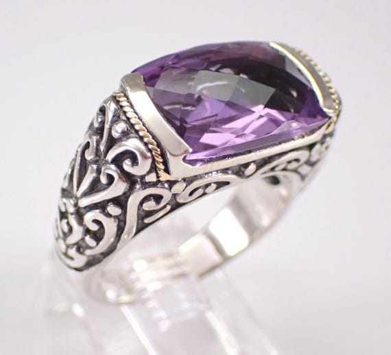 18K Gold and Sterling Silver Amethyst Ring - Vintage Phillip Gavriel Two Toned Band - Estate Gemstone Designer Jewelry