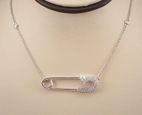 18K White Gold Diamond SAFETY PIN Necklace, Unique Good Luck Station Charm Pendant, Diamonds by the Yard Chain