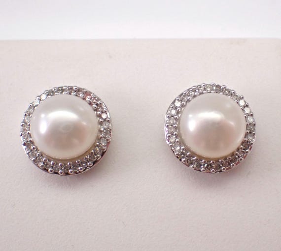 Pearl and Diamond Stud Earrings - White Gold Dainty Halo Studs - June Birthstone Jewelry Gift
