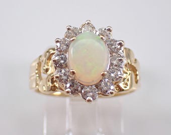 Antique 14K Yellow Gold Opal Ring - Unique Vintage Gemstone Band - Diamond Halo Engagement Setting - GalaxyGems Estate Fine Jewelry
