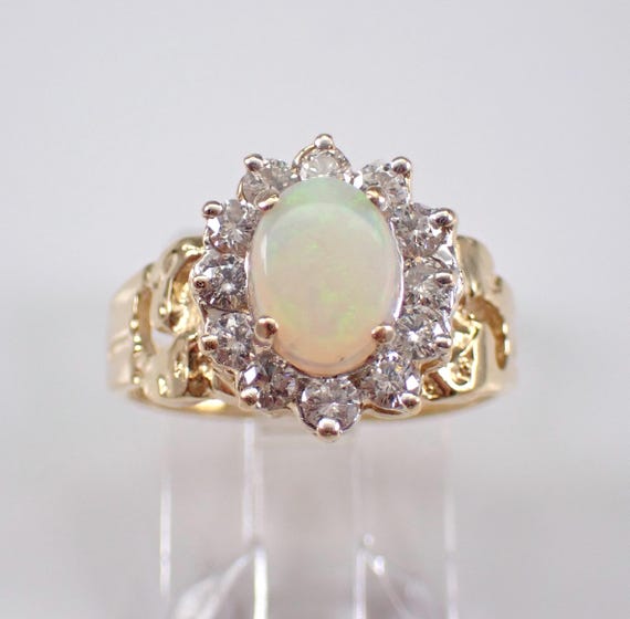 Antique 14K Yellow Gold Opal Ring - Unique Vintage Gemstone Band - Diamond Halo Engagement Setting - GalaxyGems Estate Fine Jewelry