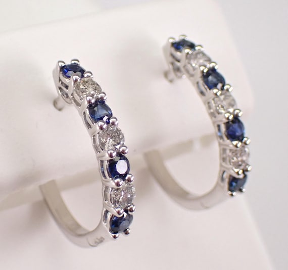 14K White Gold Sapphire Hoop Earrings - Gemstone and Diamond Hoops - GalaxyGems Bridal Fine Jewelry Gift