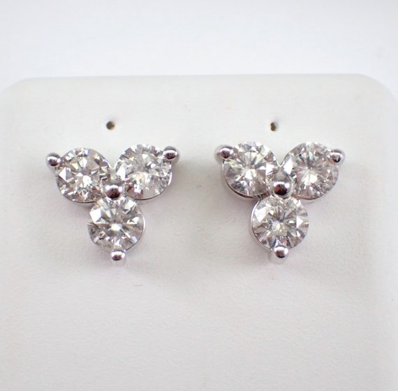14K White Gold Diamond Stud Earrings - Three Stone Trinity Screwback - Past Present Future Fine Jewelry Gift