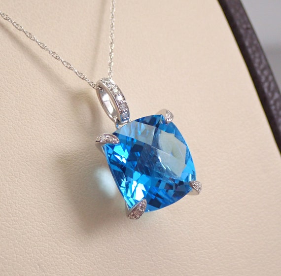 White Gold Blue Topaz Pendant and Chain - Diamond Set Charm Necklace - Unique Bridal Fine Jewelry Gift