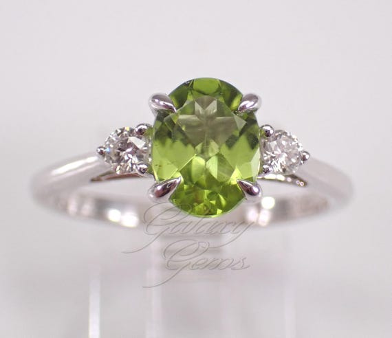 Sterling Silver Diamond and Peridot Engagement Ring: Dainty Gemstone Promise Band