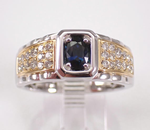 Mens Diamond and Sapphire Engagement Ring - Two Tone Bridal Wedding Anniversary Band - White and Yellow Gold Jewelry for Him