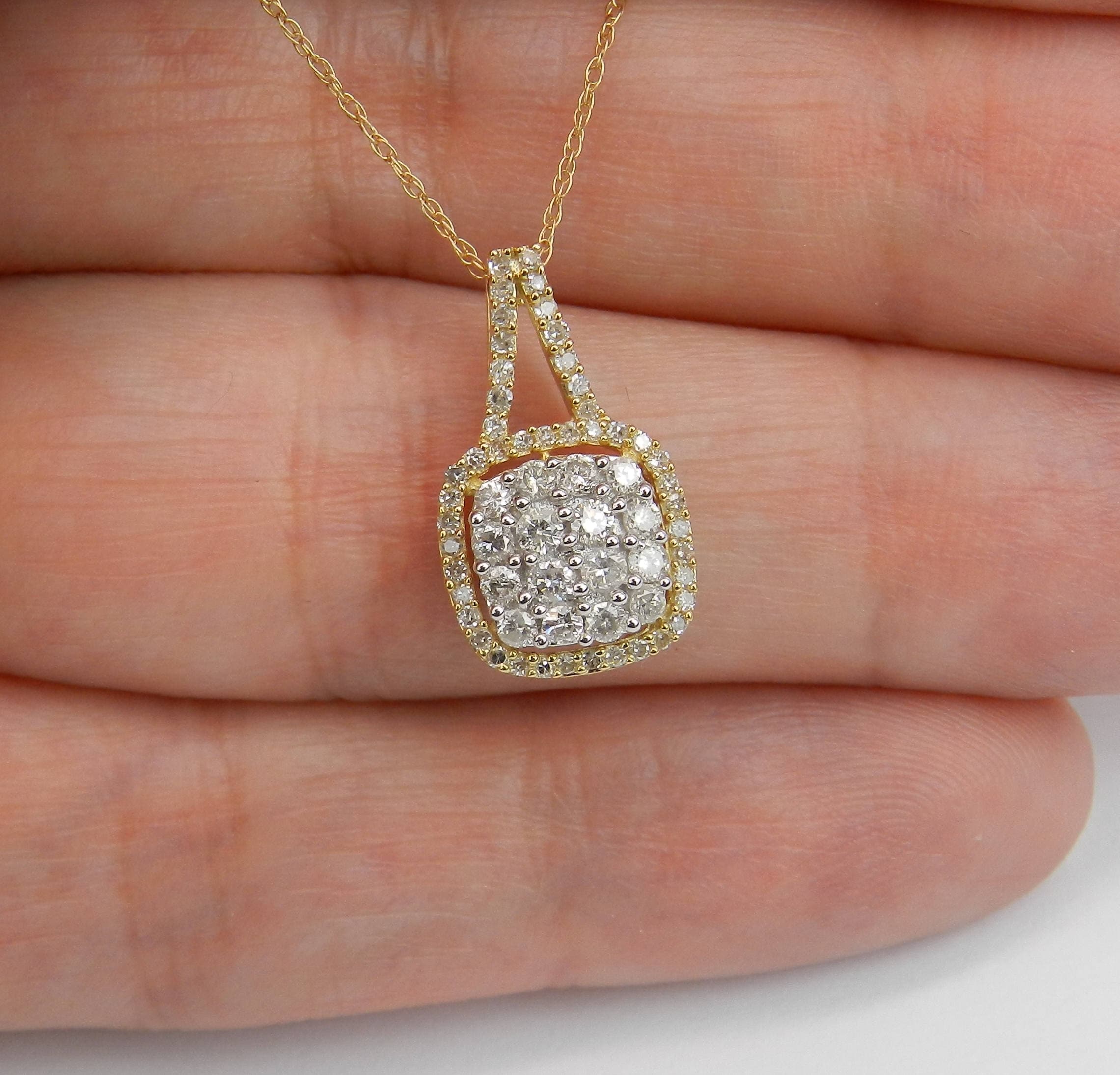 Diamond Cluster Pendant Drop Halo Wedding Necklace Yellow and White
