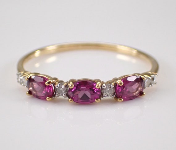 Dainty Rhodolite Garnet Ring, Diamond Anniversary Band Setting, Yellow Gold Bridal Fine Jewelry Wedding Gift