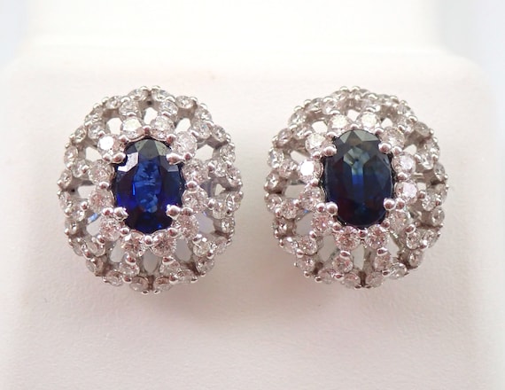 Genuine Blue Sapphire Stud Earrings, Solid 18K White Gold Diamond Halo Studs, Unique Oval Snowflake Shape, September Gemstone Fine Jewelry