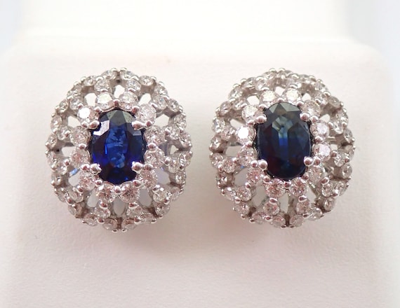 18k White Gold Sapphire Earrings, Diamond Halo and Gemstone Studs, Unique Oval Snowflake Shape, September Birthstone Fine Jewelry Gift