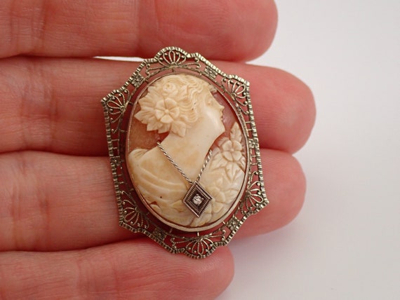 30s Antique 10K White Gold Cameo Brooch - Unique Filigree Vintage Diamond Accent Pin