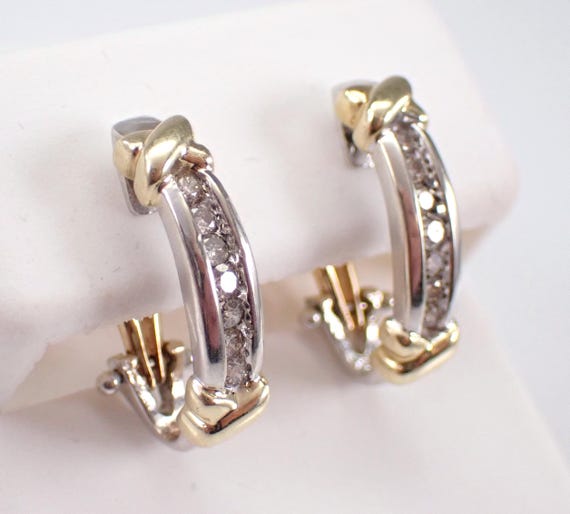 Two Tone Gold Diamond Half Hoop Earrings - White and Yellow Gold Huggies - Unique Bridal Fine Jewelry Gift
