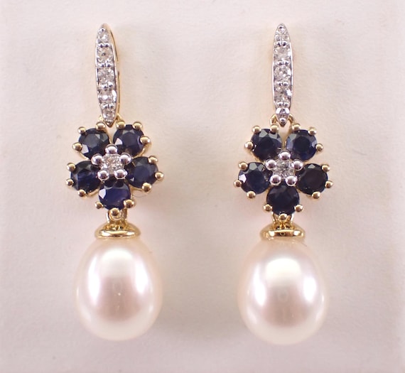 Yellow Gold Pearl and Sapphire Dangle Earrings: Gemstone Flower Cluster and Diamond Drops