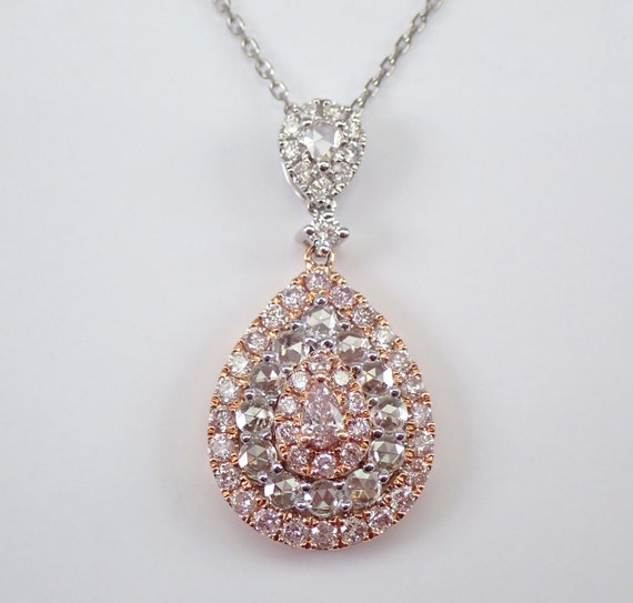 Teardrop Fancy Pink Diamond Necklace - 18K White Gold Rose Cut Drop Pendant and Chain - Natural Fine Jewelry Wedding Gift