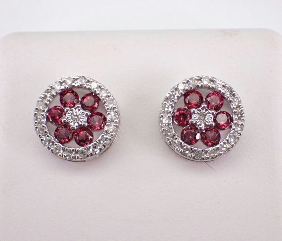 Rhodolite Garnet Flower Earrings, White Gold Diamond and Gemstone Studs, January Gemstone Floral Jewelry Gift