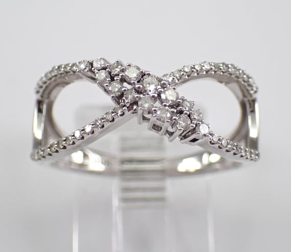 Genuine Diamond Wedding Ring - White Gold Crossover Anniversary Band - Stacking Bypass Bridal Jewelry Gift