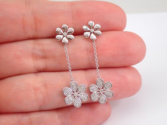 White Gold Diamond Earrings Dangle Diamond Flower Earrings Cluster Floral Jewelry Mothers Day Gift for Women