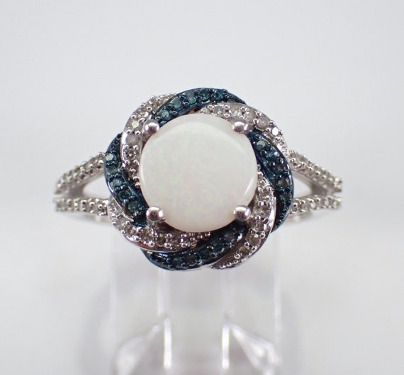 Opal and Fancy Blue Diamond Ring - White Gold Spiral Halo Setting - October Birthstone Jewelry Gift