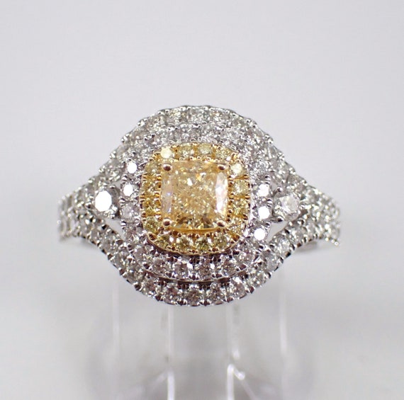 Cushion Cut Canary Diamond Engagement Ring - 18K White Gold Fancy Yellow Colored Jewelry - GalaxyGems Bridal Gift