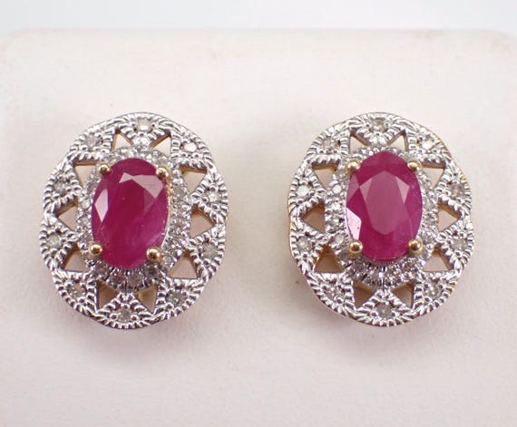 Yellow Gold Ruby Stud Earrings, Diamond Halo Snowflake Studs, July Birthstone Fine Jewelry Gift