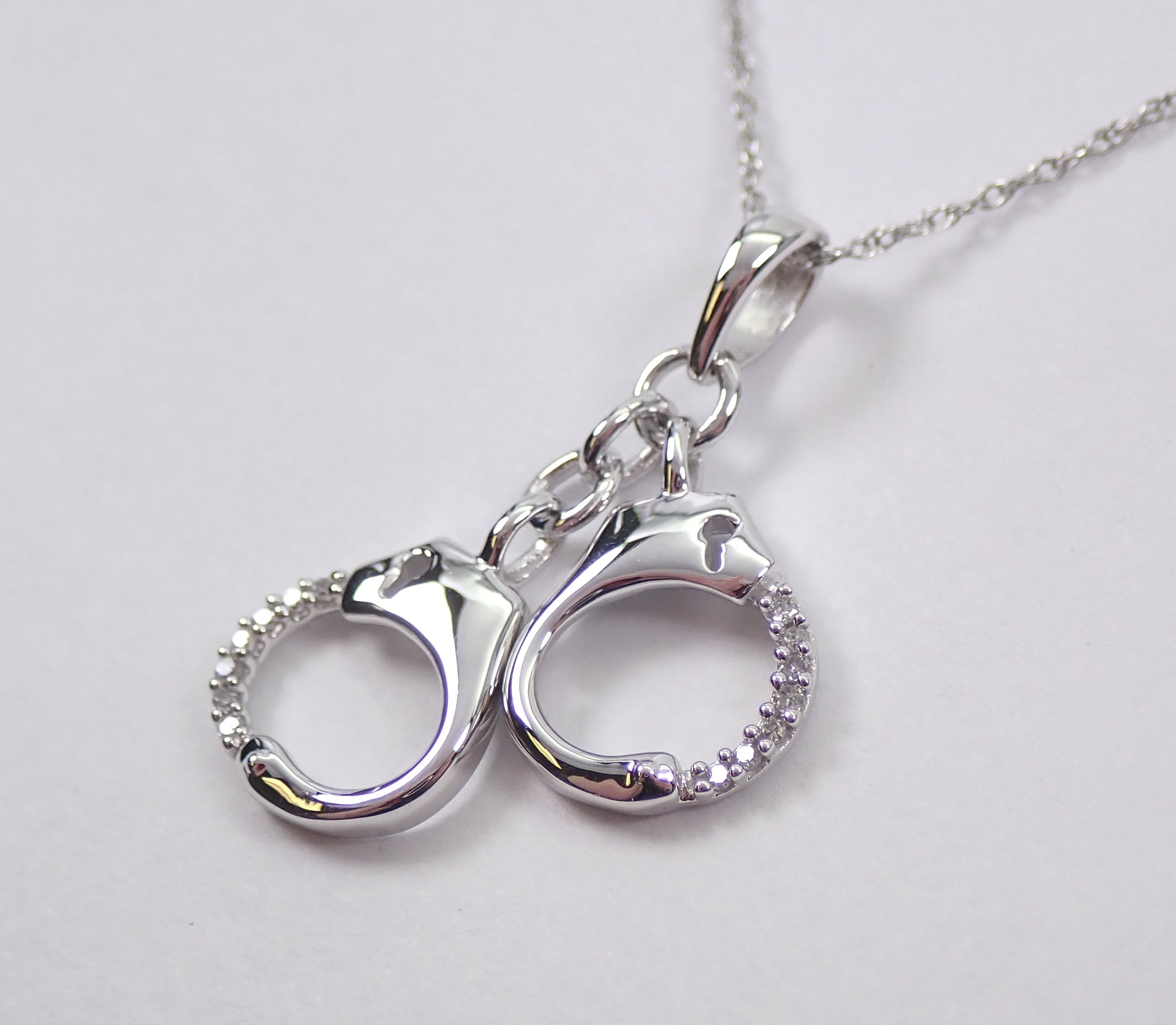 Diamond Handcuffs Pendant 14K White Gold Necklace Chain 18 Police Charm