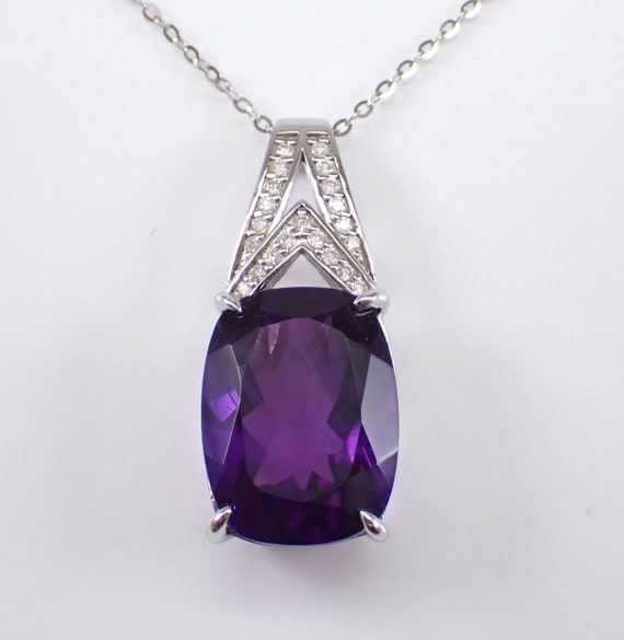 Genuine Cushion Cut Amethyst Pendant - Unique 14K White Gold Necklace and Chain - Natural Diamond Accent Choker Setting