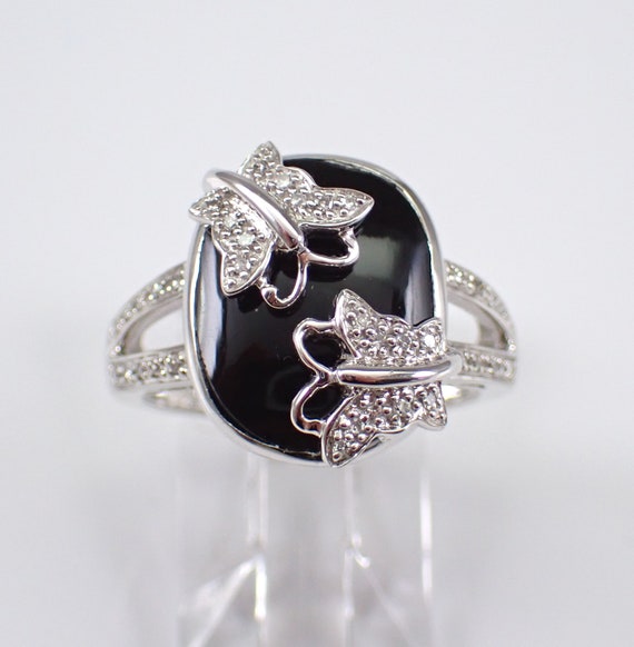 Onyx and Diamond Butterfly Ring - White Gold Fine Jewelry Gift - Unique Black Gemstone