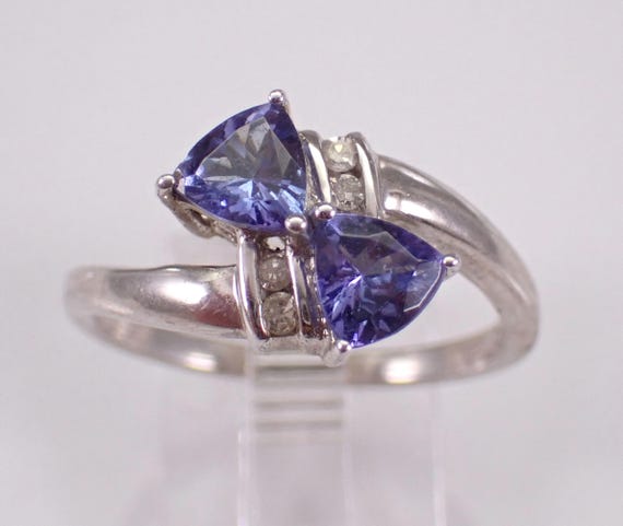 Vintage Sterling Silver Tanzanite and Diamond Ring - Purple Gemstone Bypass Band - Unique Trillion Gem Jewelry Gift