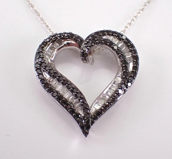 White Gold Black Diamond Heart Necklace - Open Charm Pendant and Chain - GalaxyGems Bridal Fine Jewelry Gift