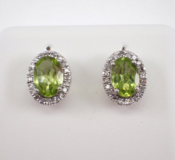 Peridot and Diamond Stud Earrings - Solid White Gold Fine Jewelry - August Birthstone Gemstone Gift