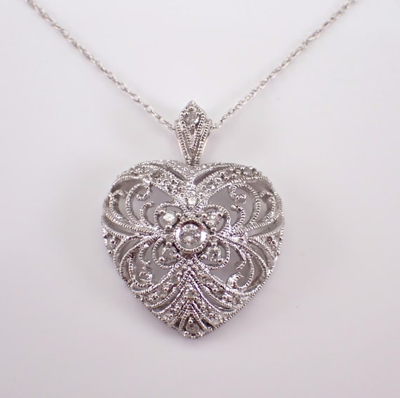 Vintage Diamond Heart Pendant and Chain, White Gold Filigree Charm Necklace, Bridal Fine Jewelry Gift