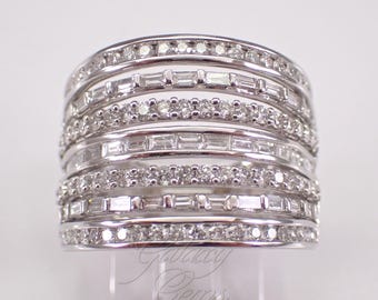 White Gold Diamond Multi Row Ring: Baguette Stackable Wedding Anniversary Cigar Band