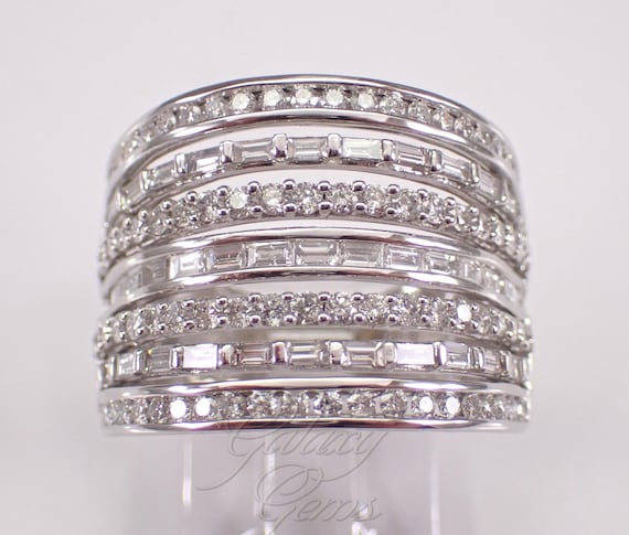 White Gold Diamond Multi Row Ring: Baguette Stackable Wedding Anniversary Cigar Band