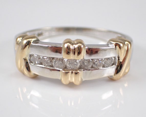 Mens Diamond Wedding Ring, Two Tone Gold Anniversary Band, Unique Bridal Fine Jewelry Gift