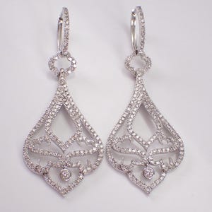 14K White Gold Diamond Dangle Earrings, Teardrop Chandelier Gypsy Design, GalaxyGems Fine Jewelry