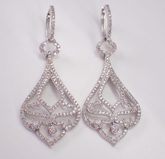14K White Gold Diamond Dangle Earrings, Teardrop Chandelier Gypsy Design, GalaxyGems Fine Jewelry
