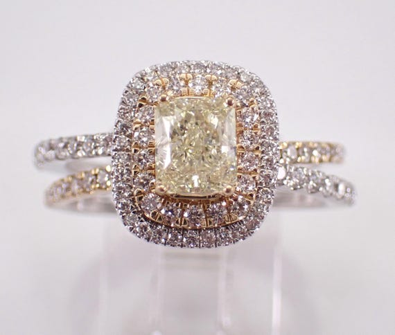 14K White Gold Canary Diamond Engagement Ring - Two Tone Fancy Double Row Crossover Band - Unique Bridal Fine Jewelry Gift