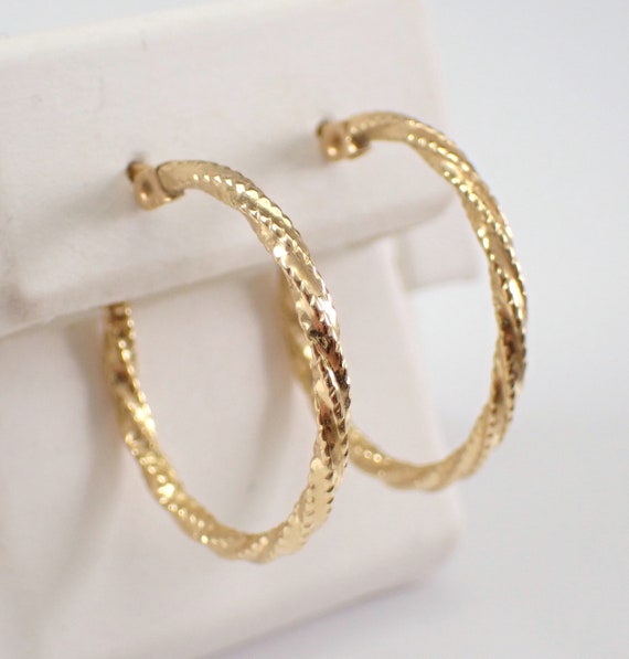 Vintage 14K Yellow Gold Hoop Earrings, Estate Thin Braided Hoops, Unique Twisted Swirl Spiral Jewelry Gift