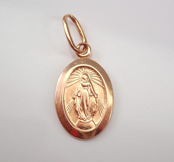 Vintage 14K Rose Gold Virgin Mary Charm, Dainty Oval Miraculous Medal Disk Pendant