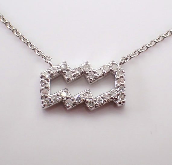 14K White Gold Aquarius Sign Diamond Necklace - Zodiac Astrology Station Charm Pendant and Chain - Unique Dainty Jewelry Gift