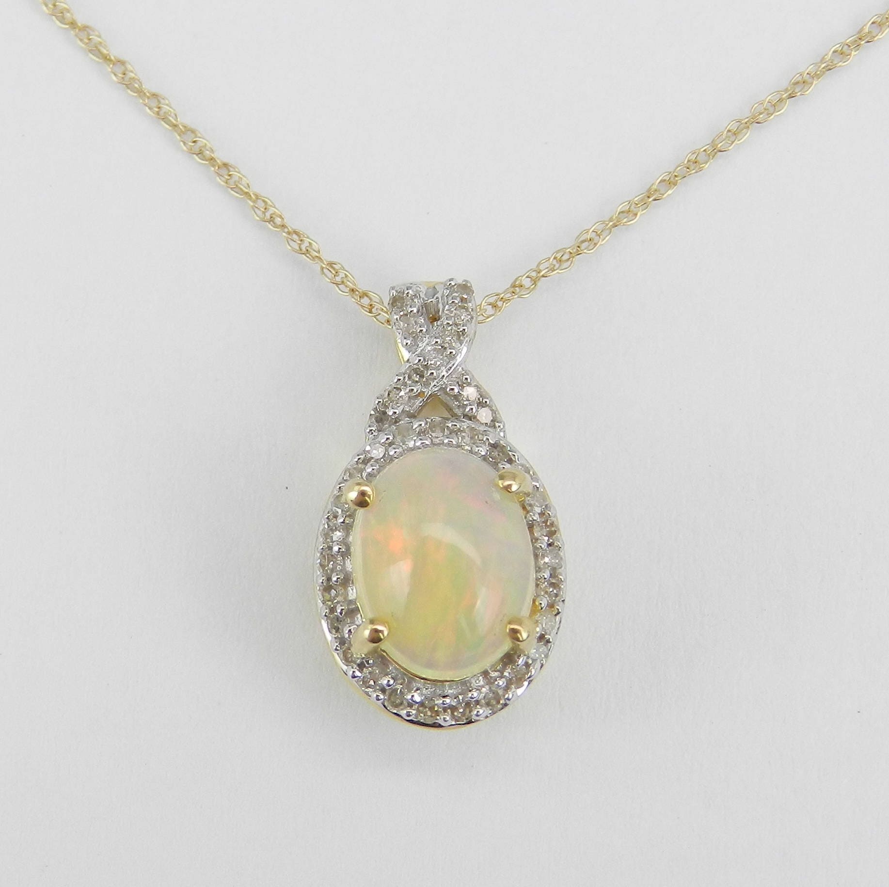Diamond and Opal Halo Pendant Necklace Yellow Gold 18 Chain October ...