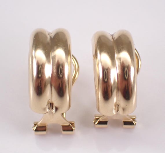 Vintage 14K Yellow Gold Earrings - Double Row Half Hoop Huggies - Secure Omega Clip Clasps