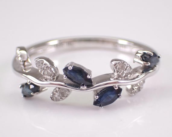 White Gold Sapphire and Diamond Wedding Ring: Stackable Gemstone Anniversary Band