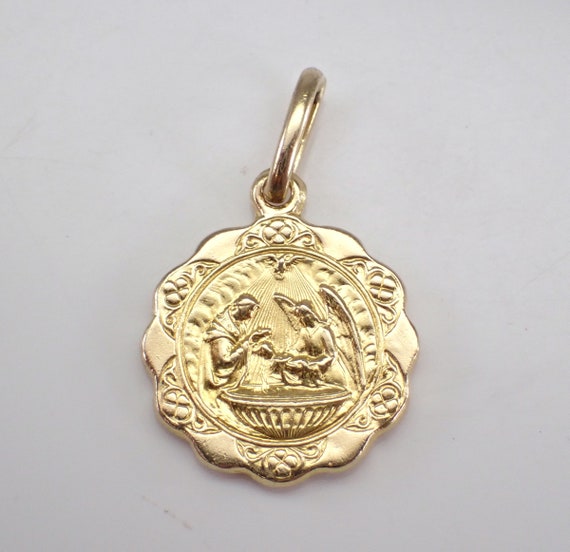 Vintage 18K Yellow Gold Baptism Miraculous Medal Charm - Religious Disk Pendant for Necklace or Bracelet