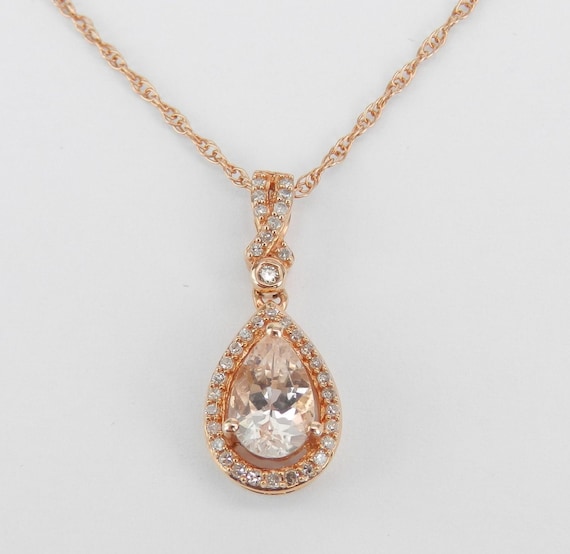 Diamond and Morganite Necklace - Rose Gold Teardrop Pendant and Chain - Bridal Wedding Fine Jewelry Gift